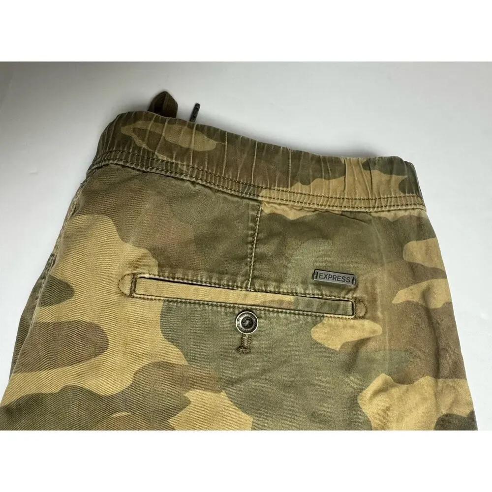 Express Camo Jogger Pants Men’s 36 Green Brown Tan Cotton Twill Drawstring